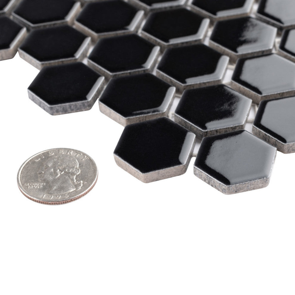 Metro Hex Matte Porcelain Mosaic Floor and Wall Tile, Black