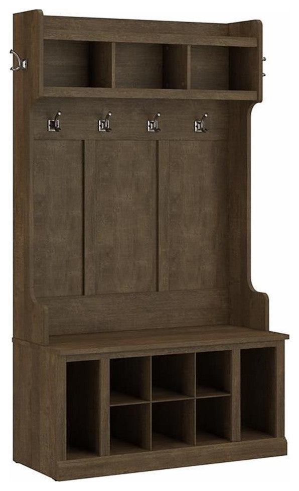 Woodland 40W Hall Tree and Shoe Bench w/ Shelves in Ash Brown - Engineered Wood
