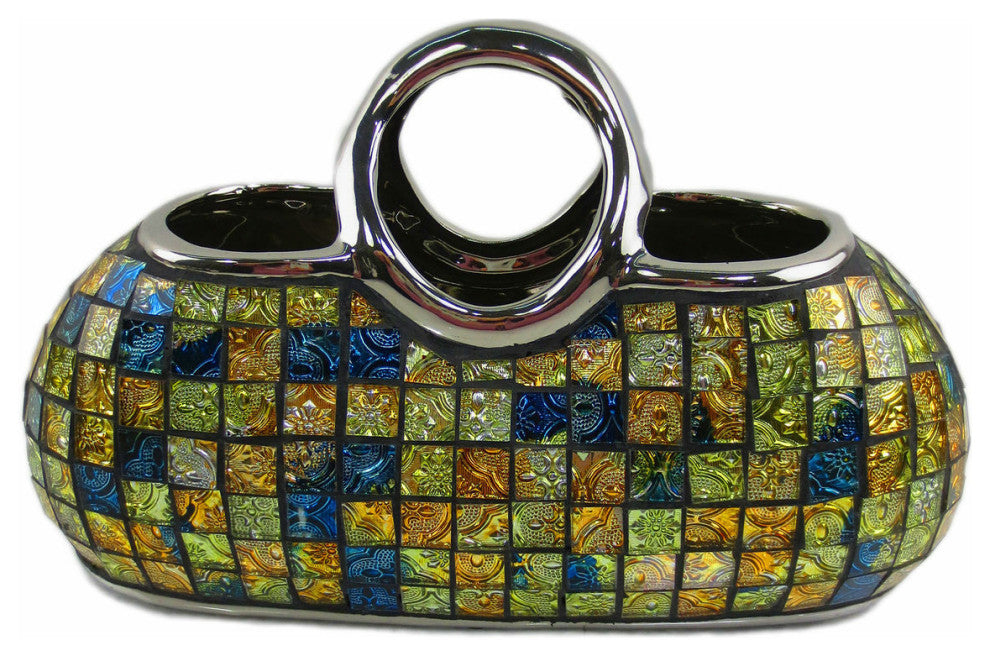 Decorative Ceramic and Glass Purse Floral Vase, 11.5" x 5.5" x 7.5"(H