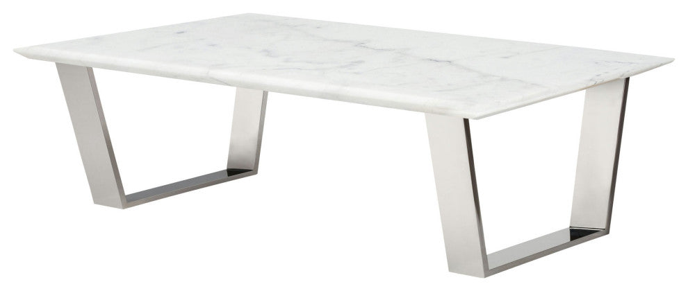 Catrine Coffee Table In White Marble And Polished Silver Stainless Steel Base