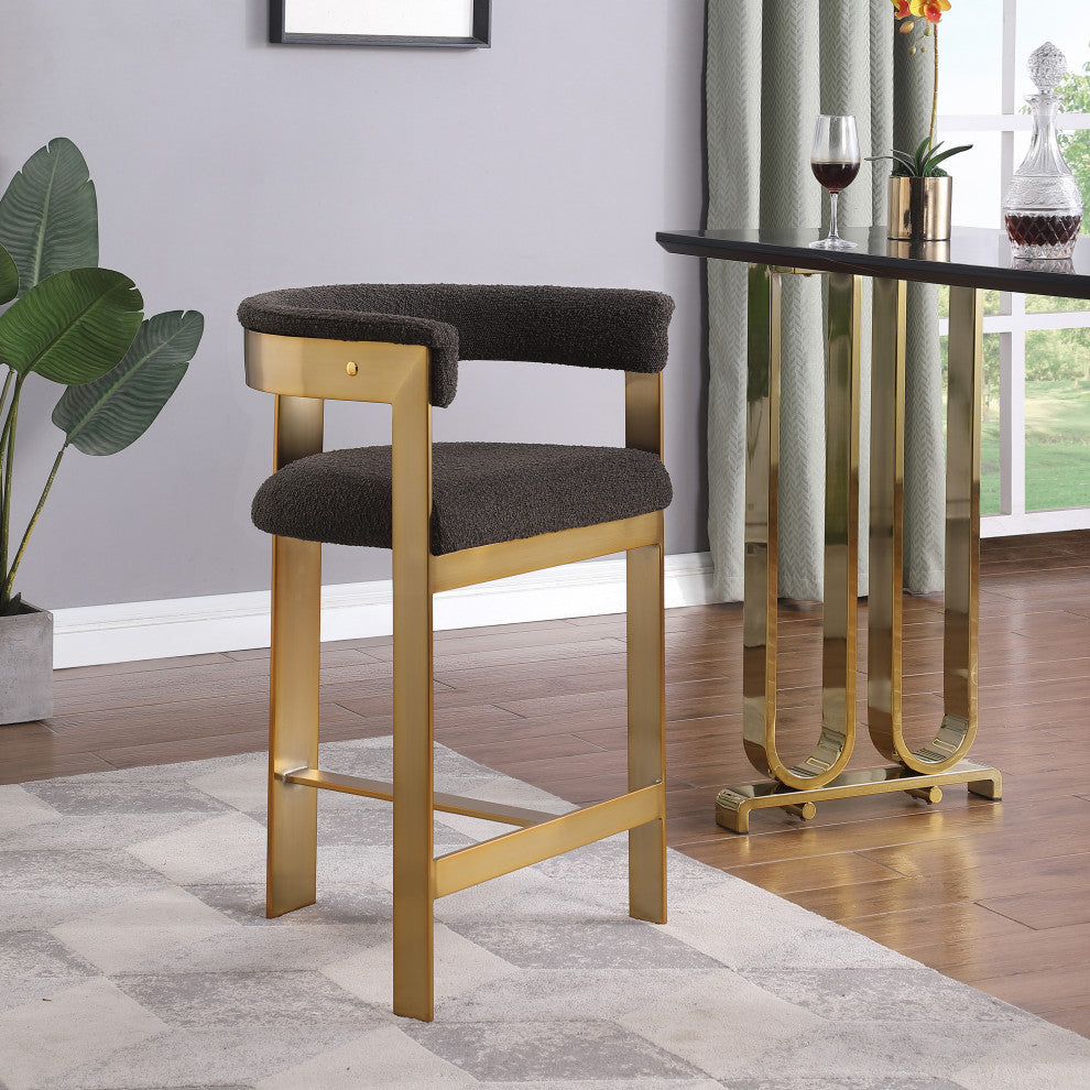 Romeo Upholstered Counter Stool, Set of 2, Brown, Boucle Fabric, Brushed Gold