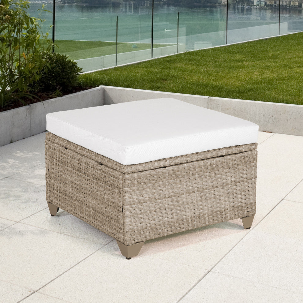 Maui Outdoor Ottoman, Natural Aged Wicker, Linen White
