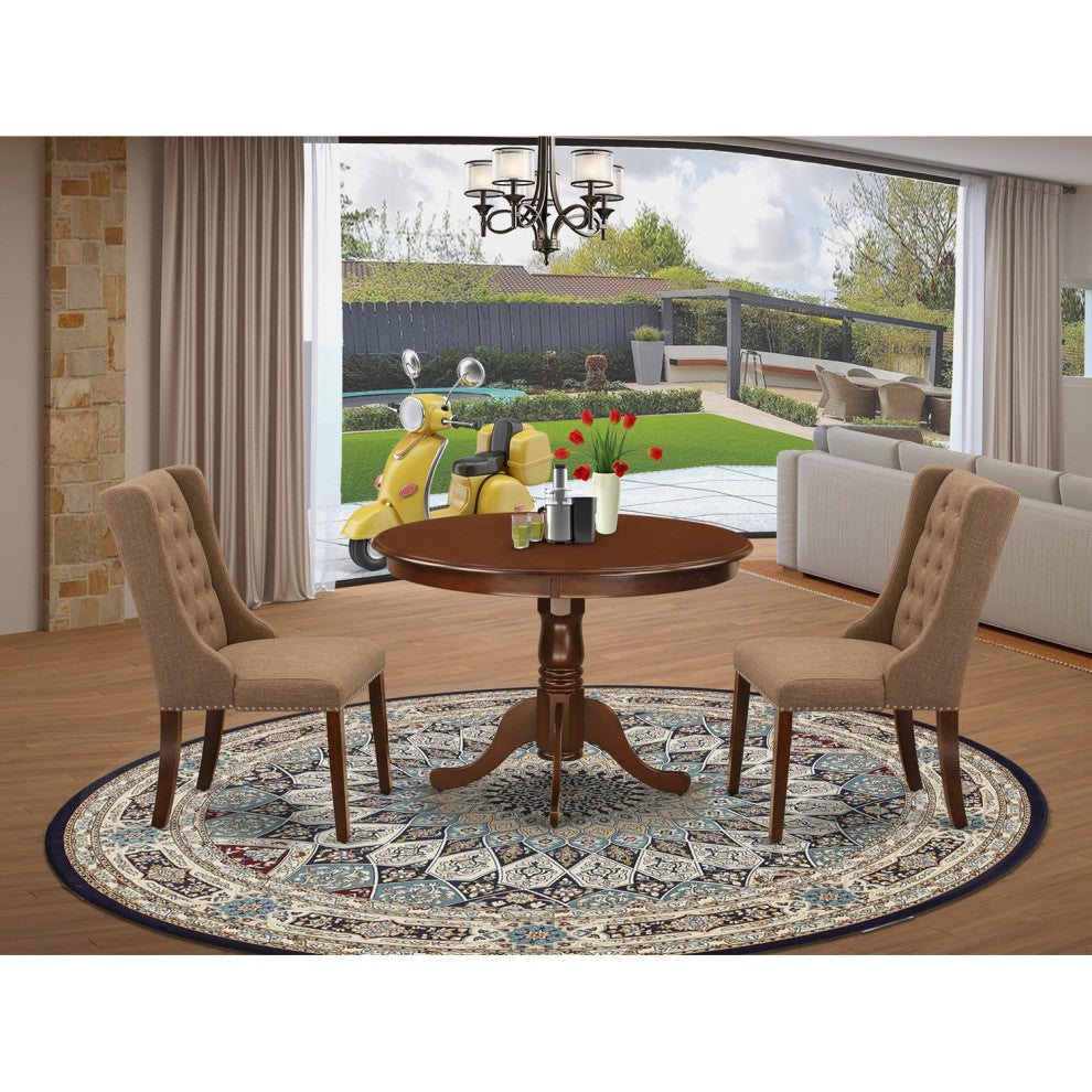 3Pc Dining Set, 1 Pedestal Table, 2 Light Sable Chairs, Back, Mahogany Finish