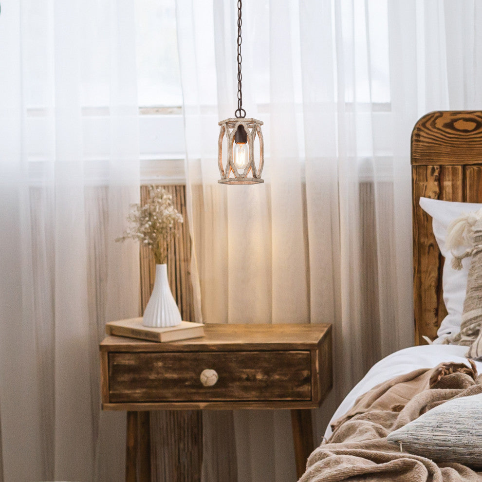 LALUZ 6-in White-washed Wood Farmhouse Lantern Mini Pendant Lighting