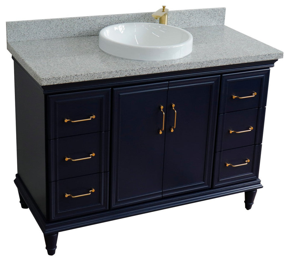 49" Single Sink Vanity, Blue Finish With Gray Granite and Round Sink