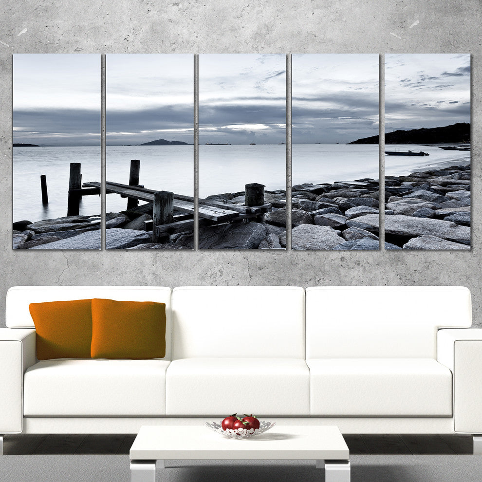 Small Sea Bridge from Rocky Beach, Landscape Canvas Art Print, 60"x28", 5 Panels