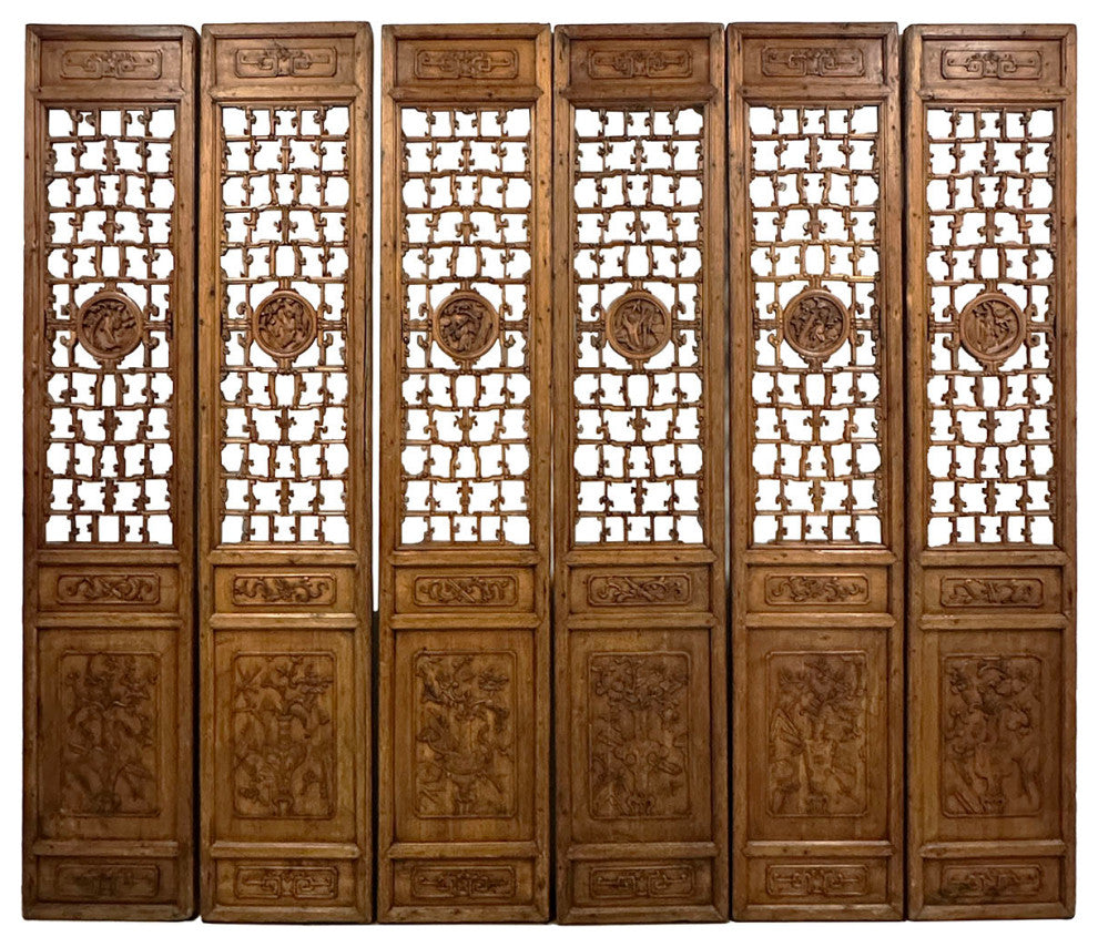 Consigned Antique Chinese Hand Carved 6 Panels Wooden Screen/Room Divider