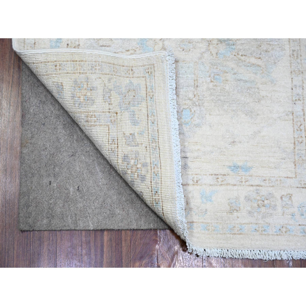 Ivory, White Wash Peshawar Extra Soft Wool Hand Knotted Runner Rug, 2'4"x11'7"