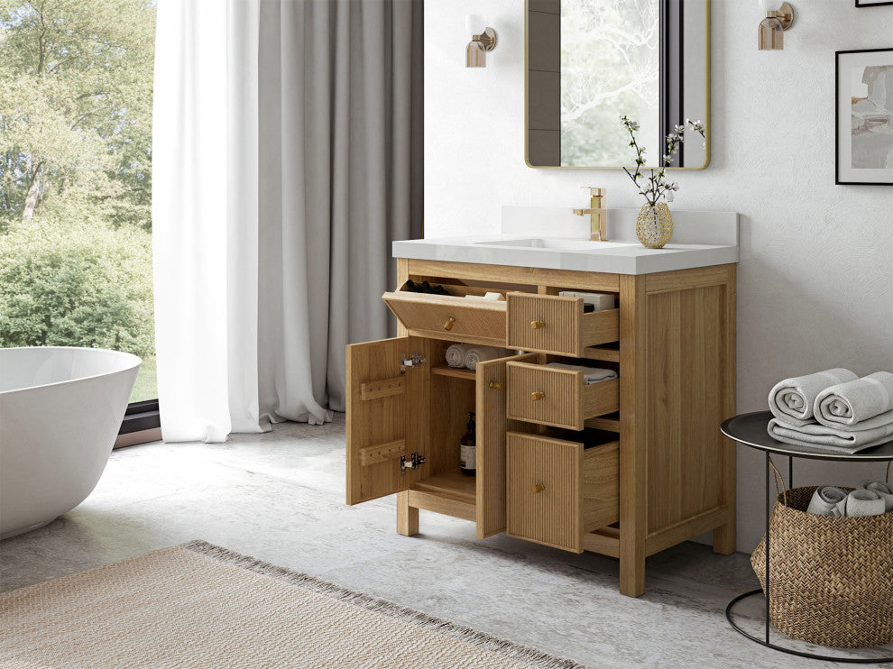Sonoma 36 Center Sink Bath Vanity in Light Natural Teak with 2" Carrara Marble