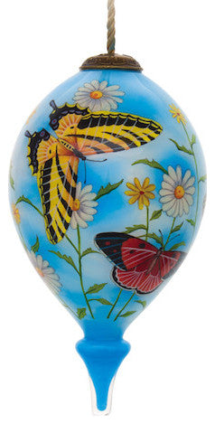 Daisy Delight and Butterflies Hand Painted Mouth Blown Glass Ornament
