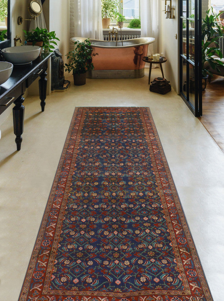 Fine Vintage Distressed Athelsta Blue/Red Runner, 3'7x10'6