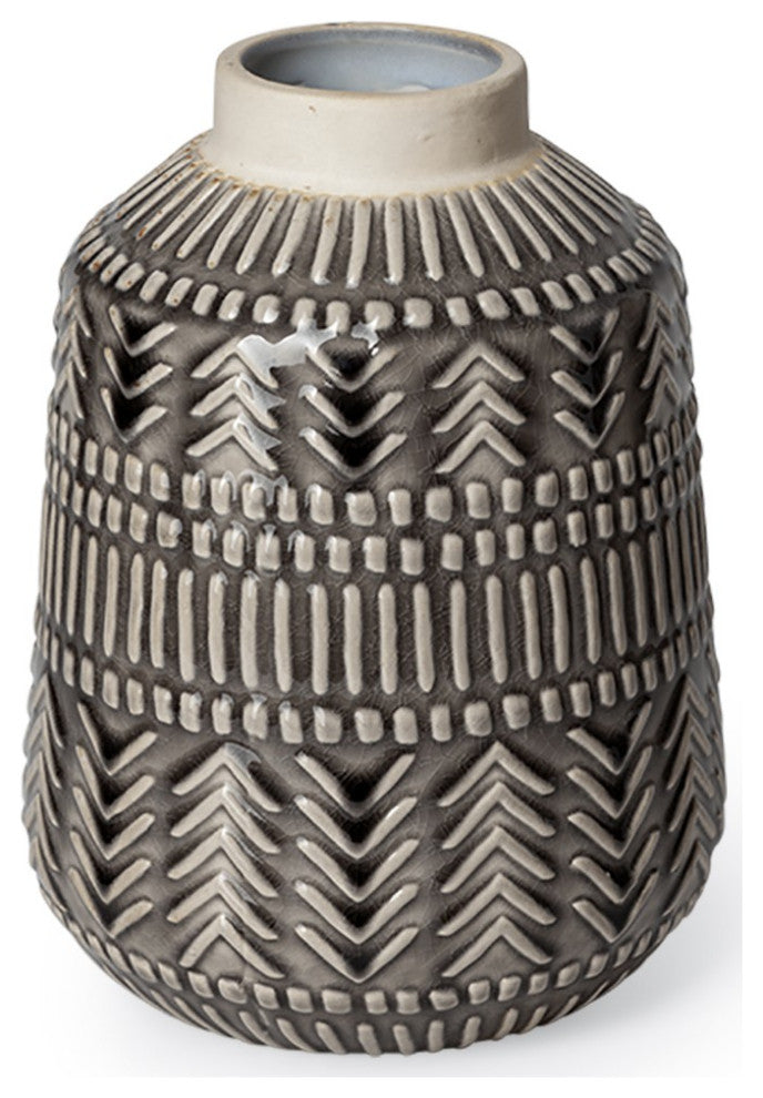8" Black and Cream Organic Glaze Chevron Embossed Ceramic Vase
