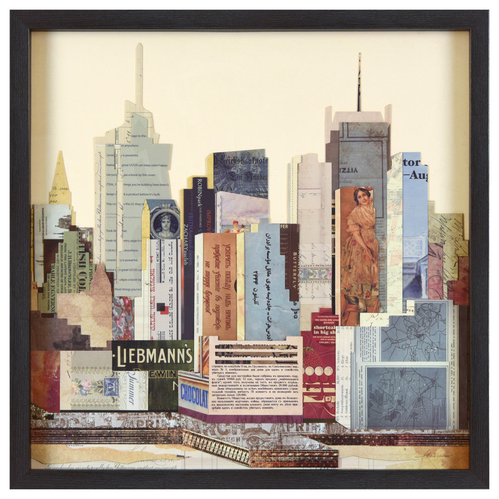 New York City B Skyline Dimensional Collage Framed Wall Art Under Glass Art