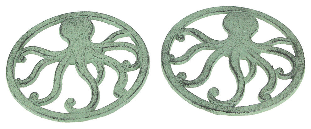 Distressed Coastal Cast Iron Octopus Sea Foam Green Trivet Set of 2