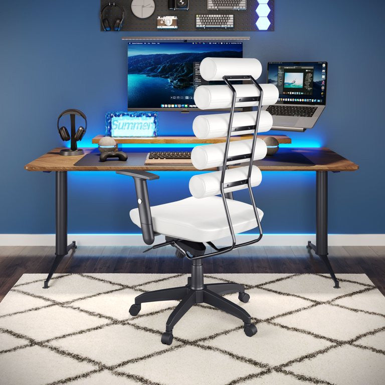 Modern Office Chair, Padded Seat & Unique Shaped Back With Lumbar Support, White