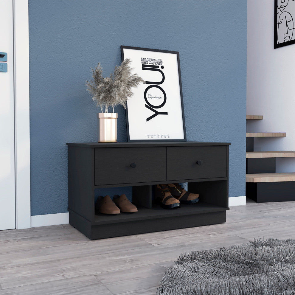 Tulip Storage Bench with 2 Drawers and 2 Open Shelves, Black