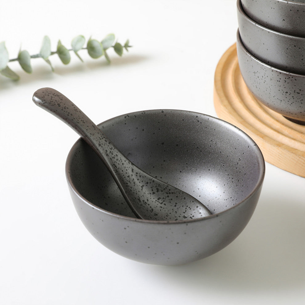 8-Piece Stone Lain Valencia Porcelain Serving Bowl and Spoon Set, Metallic Gray