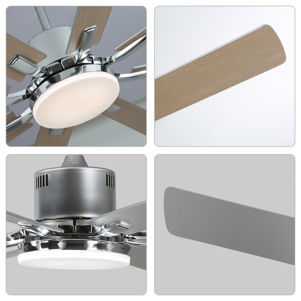 Large 72" Modern 8 Wood Blades Ceiling Fan w Dimmable LED Light Kit , Chrome