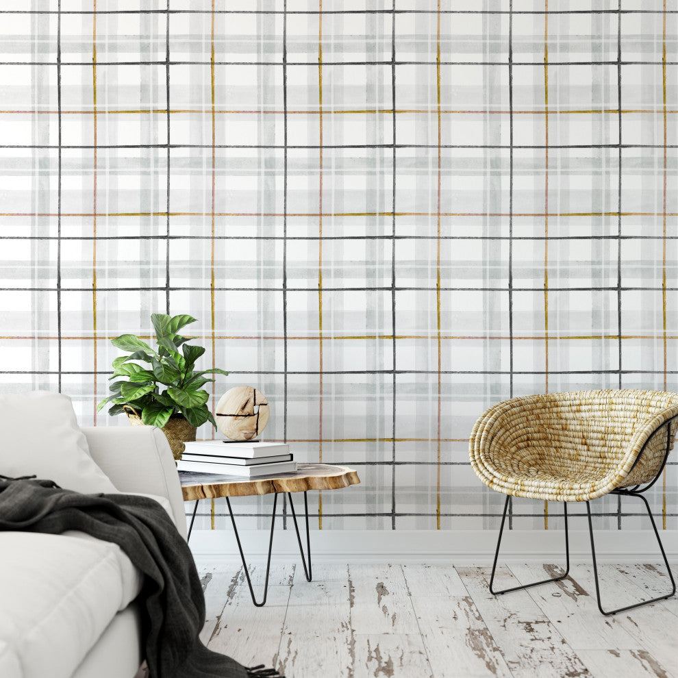 Tartan Gray Gold Black Wallpaper, 24"x72"