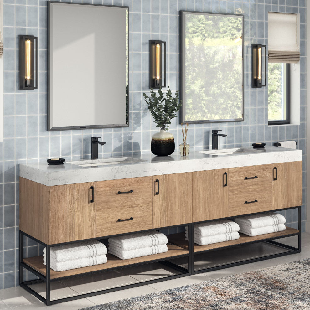 Bahia Bath Vanity, Oak, 84", Matte Black Hardware, Double, Freestanding