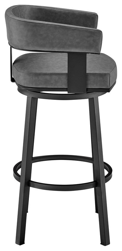 34" Gray Faux Leather And Iron Swivel Low Back Counter Height Bar Chair