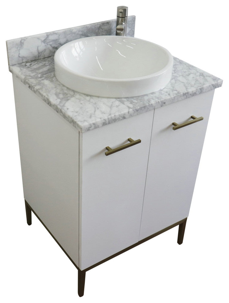 25" Single Sink Vanity, White Finish With White Carrara Marble And Round Sink