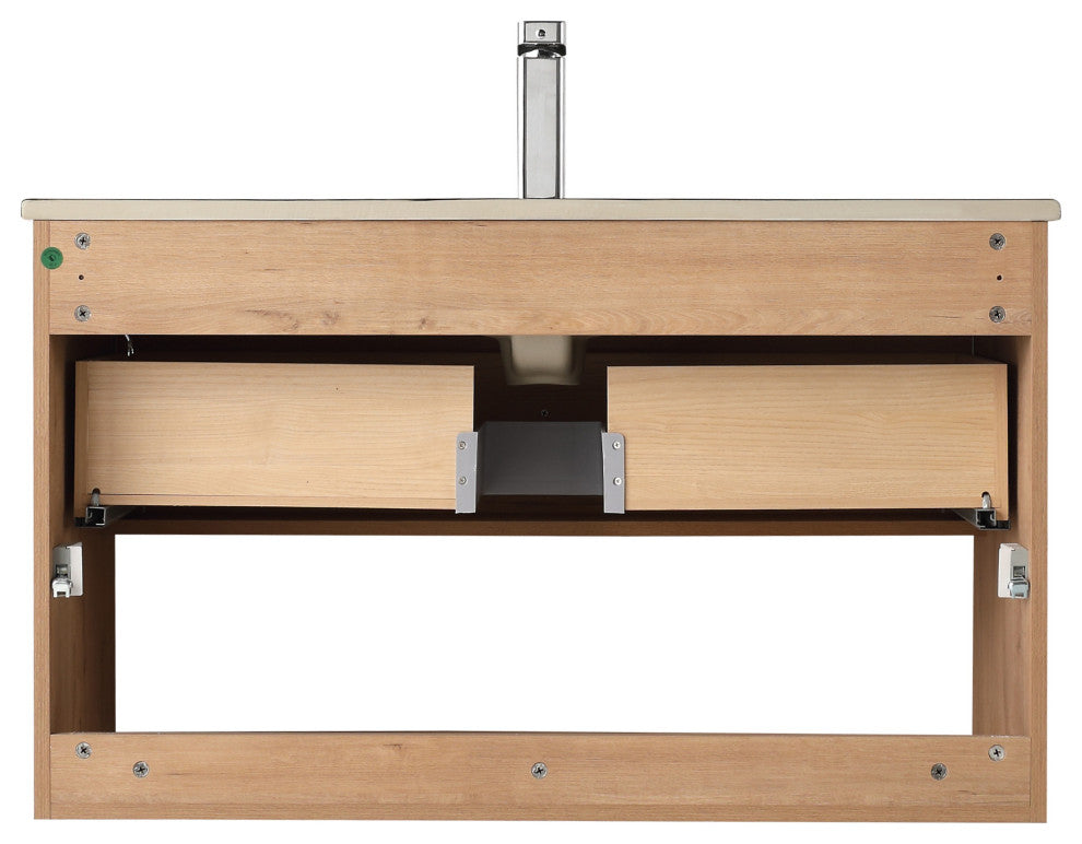 Wall Mounted Bathroom Vanity and Sink, Classic Oak, 36'' Ceramic Black