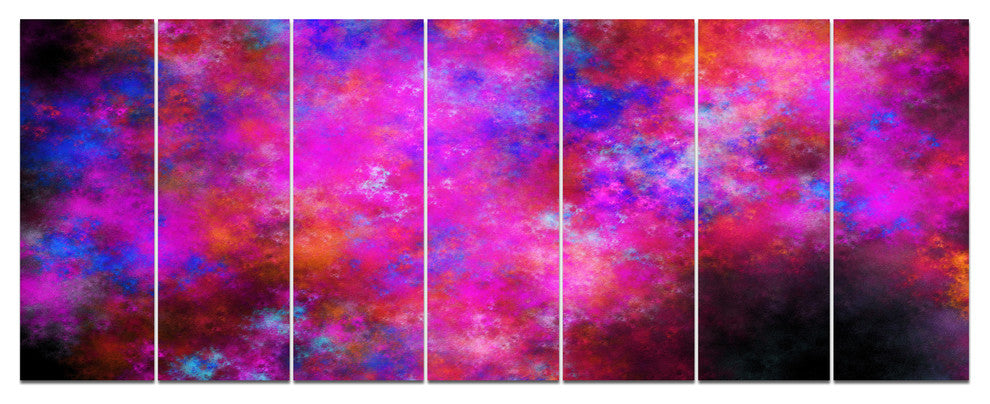 Red Blue Starry Fractal Sky, Abstract Art on Canvas, 83"x32", 7 Panels