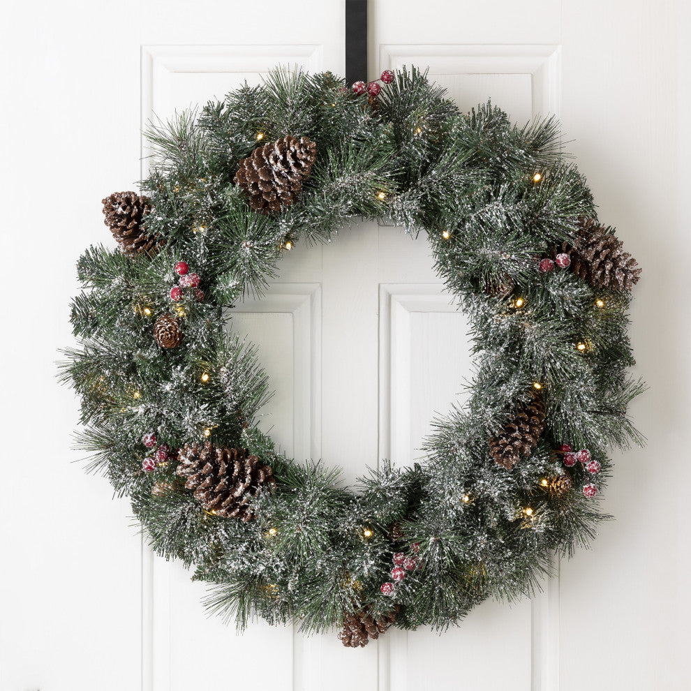 24"D Pre-Lit Glittered Pine Cone Christmas Wreath With Warm White LED Light