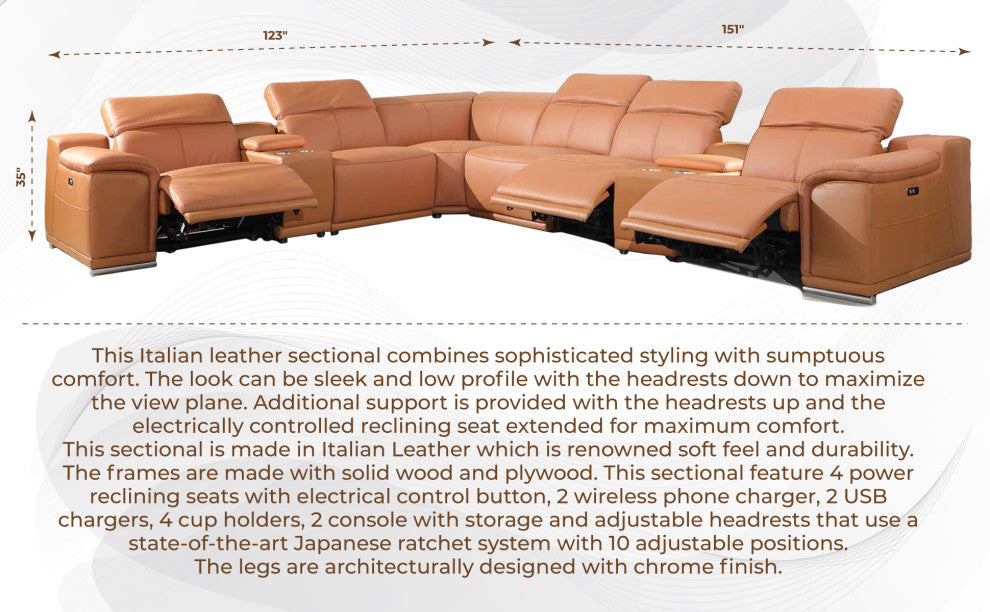 Federico 8-Piece L-Shaped Top Grain Italian Leather Sectional-4 Power Recliners, Camel