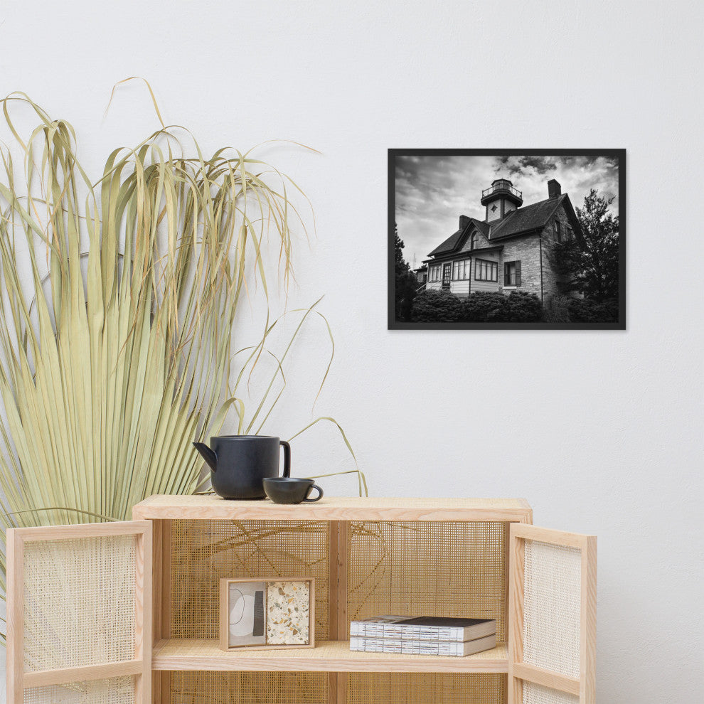 Cedar Point Lighthouse in Black and White Framed Photo Paper Wall Art Prints, Black, 18" X 24"