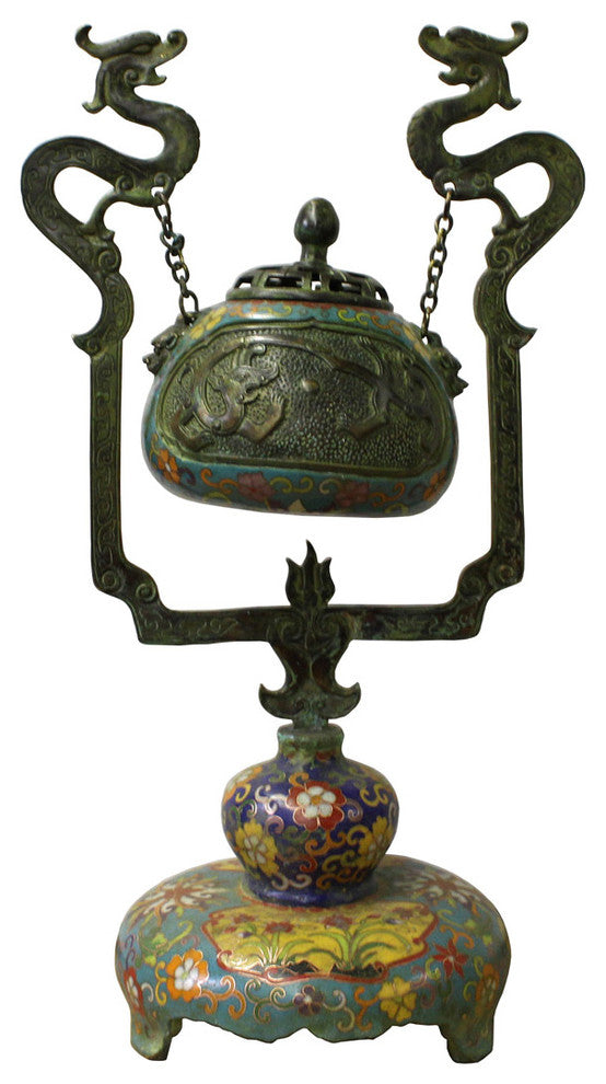 Chinese Metal Blue Enamel Cloisonne Dragon Incense Burner Figure