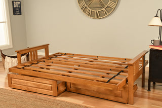 Caleb Frame Futon With Butternut Finish, Storage Drawers, Oregon Trail Java