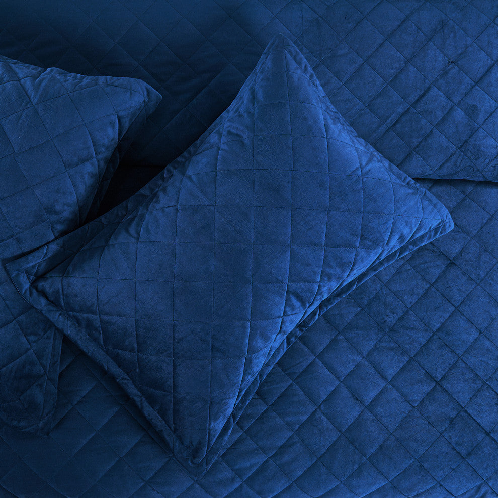 Velvet Quilted 5 Piece Bed Spread Set, Blue, Over-Sized King 122" X 106"