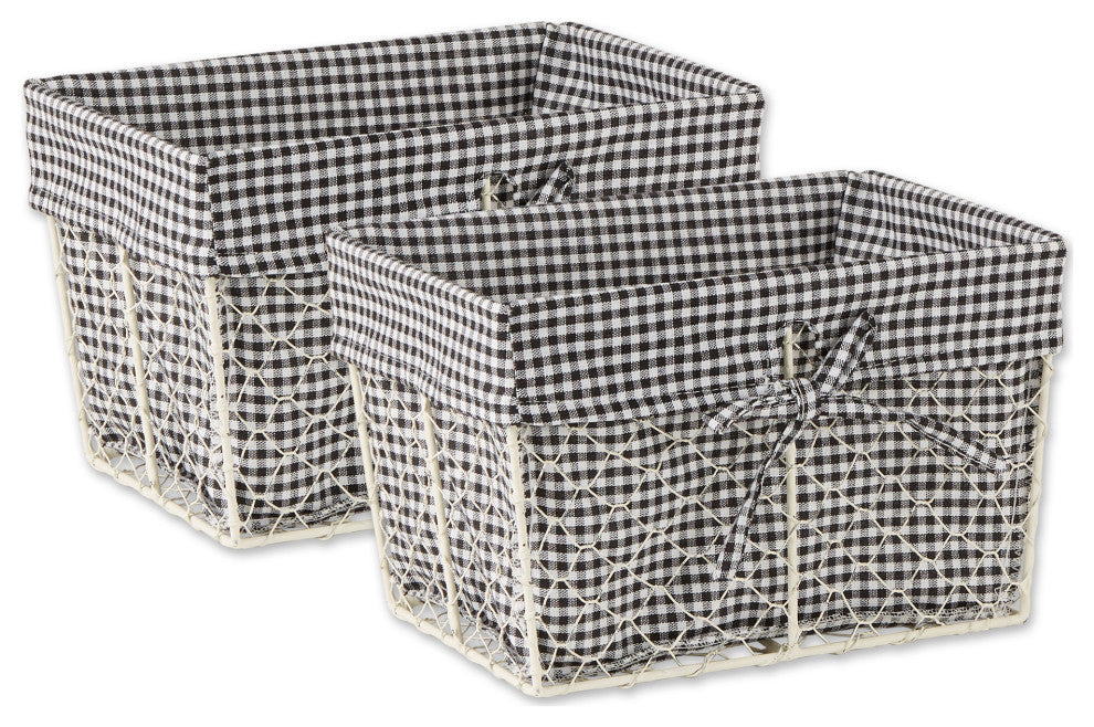 Medium Antique White Chicken Wire Black & White Check Liner Basket (Set of 2)
