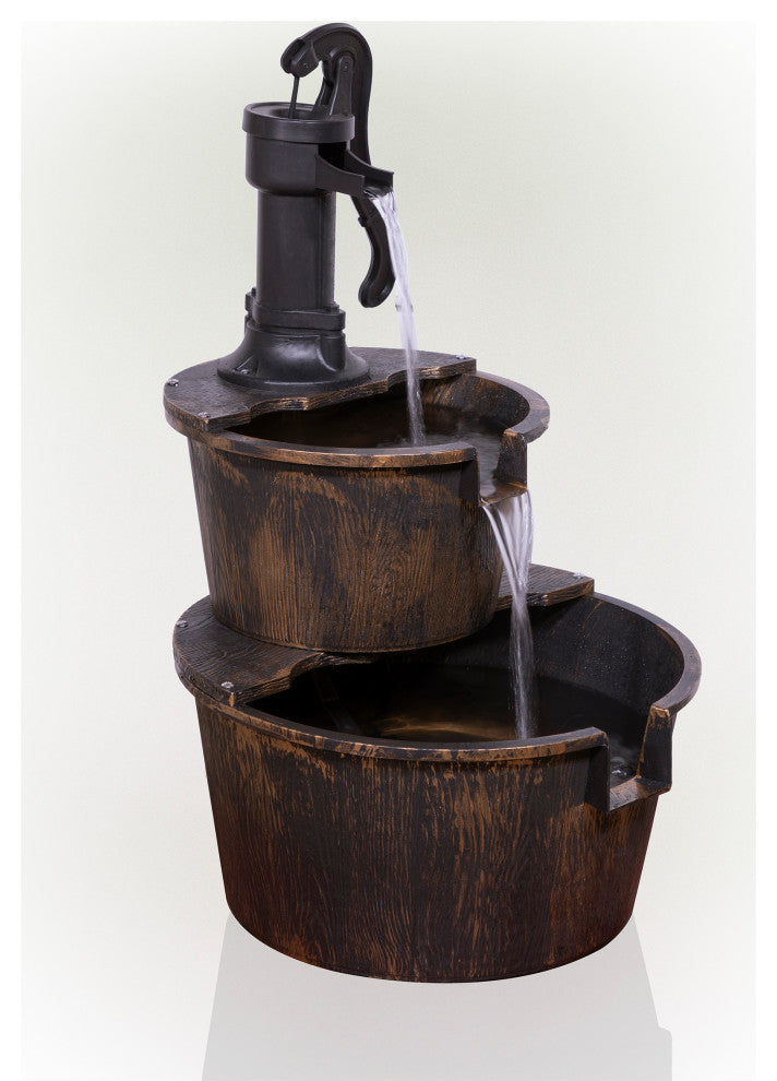 27" Tall 2-Tier Barrel and Pump Waterfall Fountain, Bronze Finish