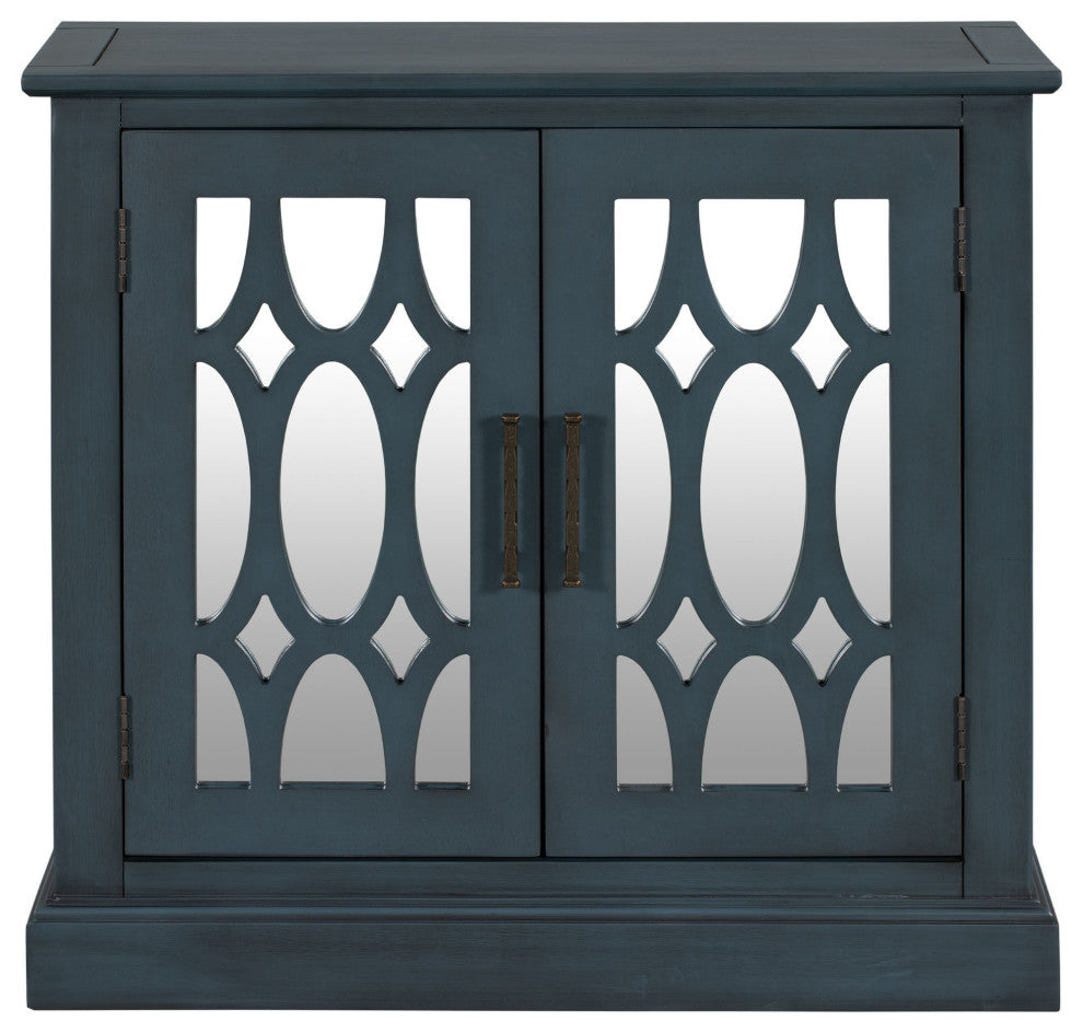 Wood Double Decorative Mirror Door Accent Cabinet, Blue, 30" X 14"