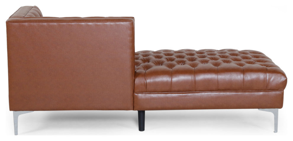 Bluffton Contemporary Tufted One Armed Chaise Lounge, Cognac + Silver