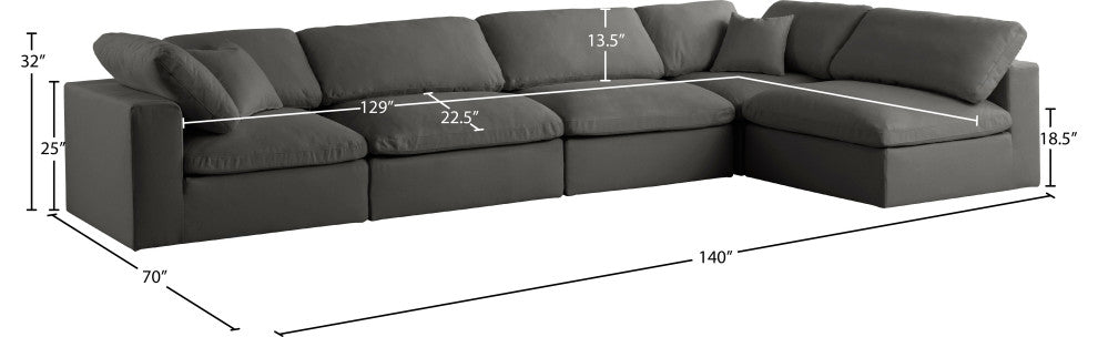 Plush Velvet / Down Standard Comfort L-Shaped Modular Sectional, Gray, 5-Piece: 3 Armless Chair, 2 Corner Chair