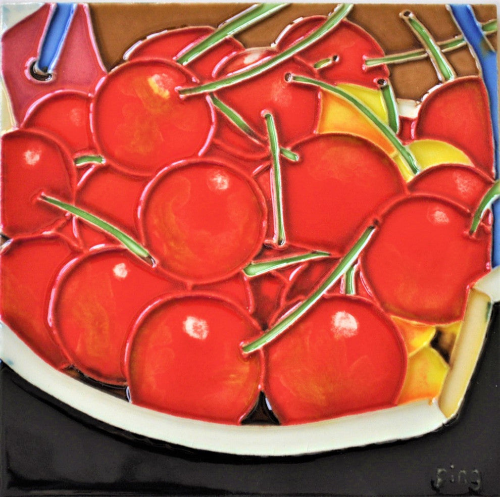 6x6" Cherry Decorative Ceramic Art Tile Hot Plate Trivet and Wall Decor