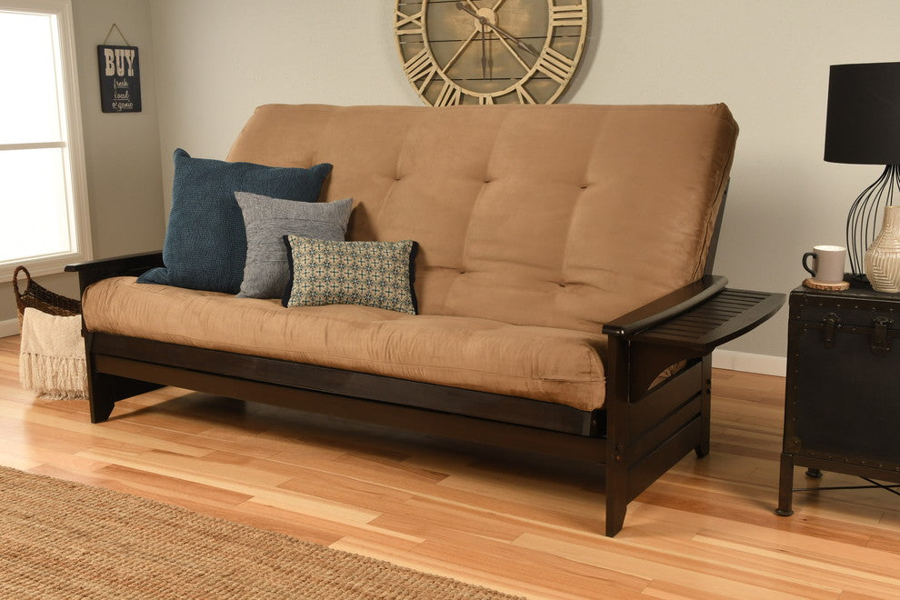 Mesa Frame Queen Futon With Espresso Finish, Espresso, Suede Peat Brown