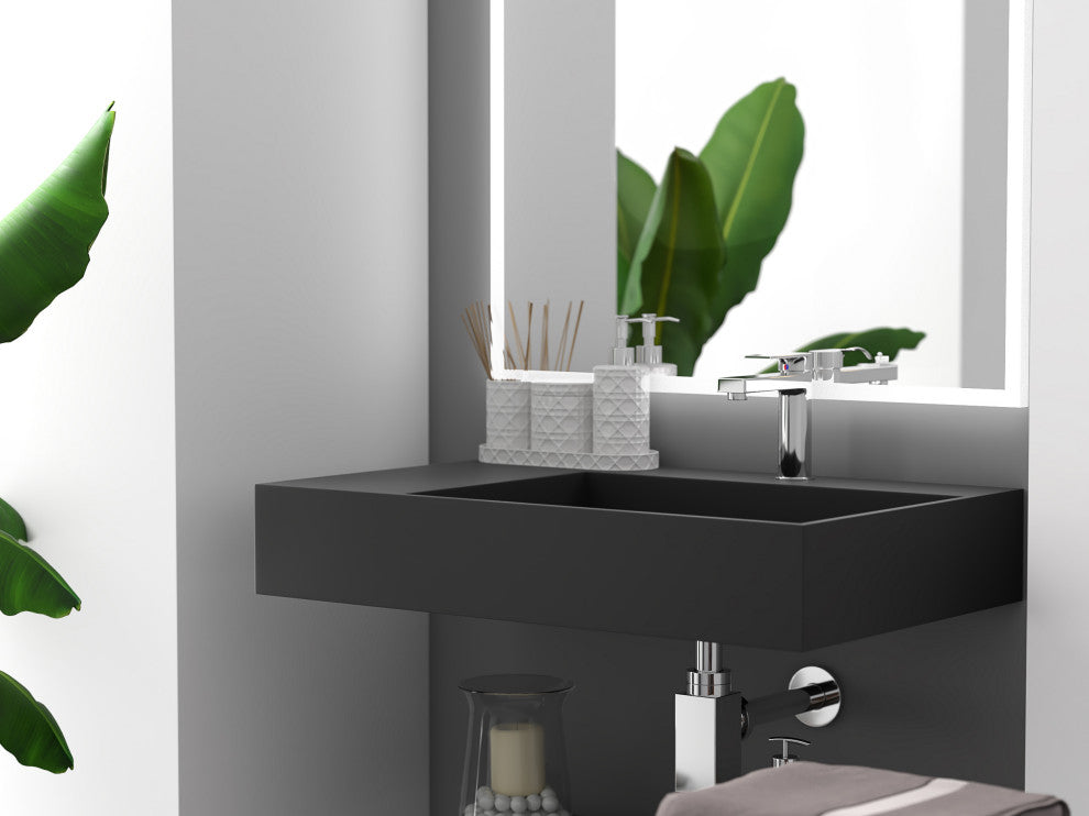 CastelloUSA Juniper Wall Mounted Countertop Concealed Drain Basin Sink, Black, 30", Right Basin, Standard