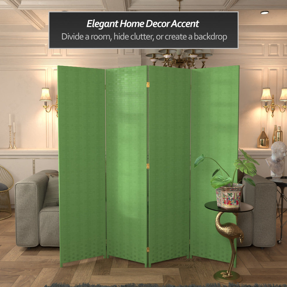 6'' Tall Woven Fiber Room Divider, 4 Panel, Light Green