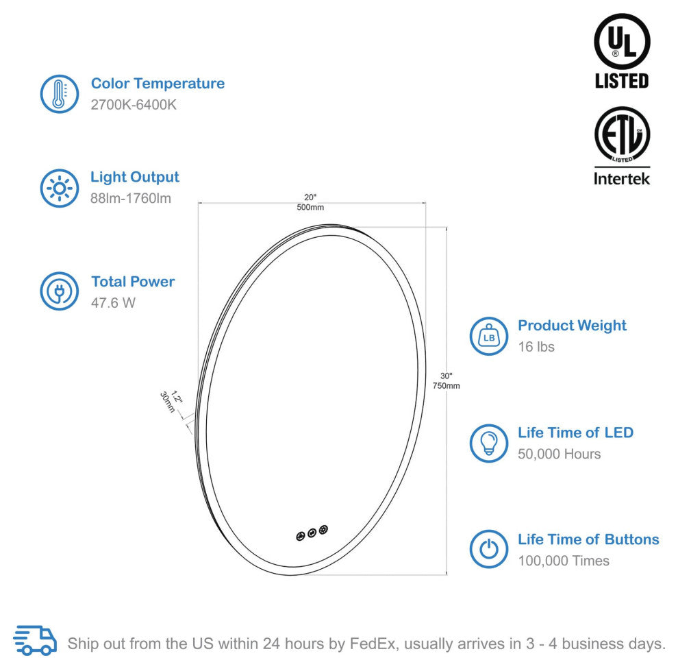 Fogless, Color Temperature Adjustable LED Mirror, 20" Oval