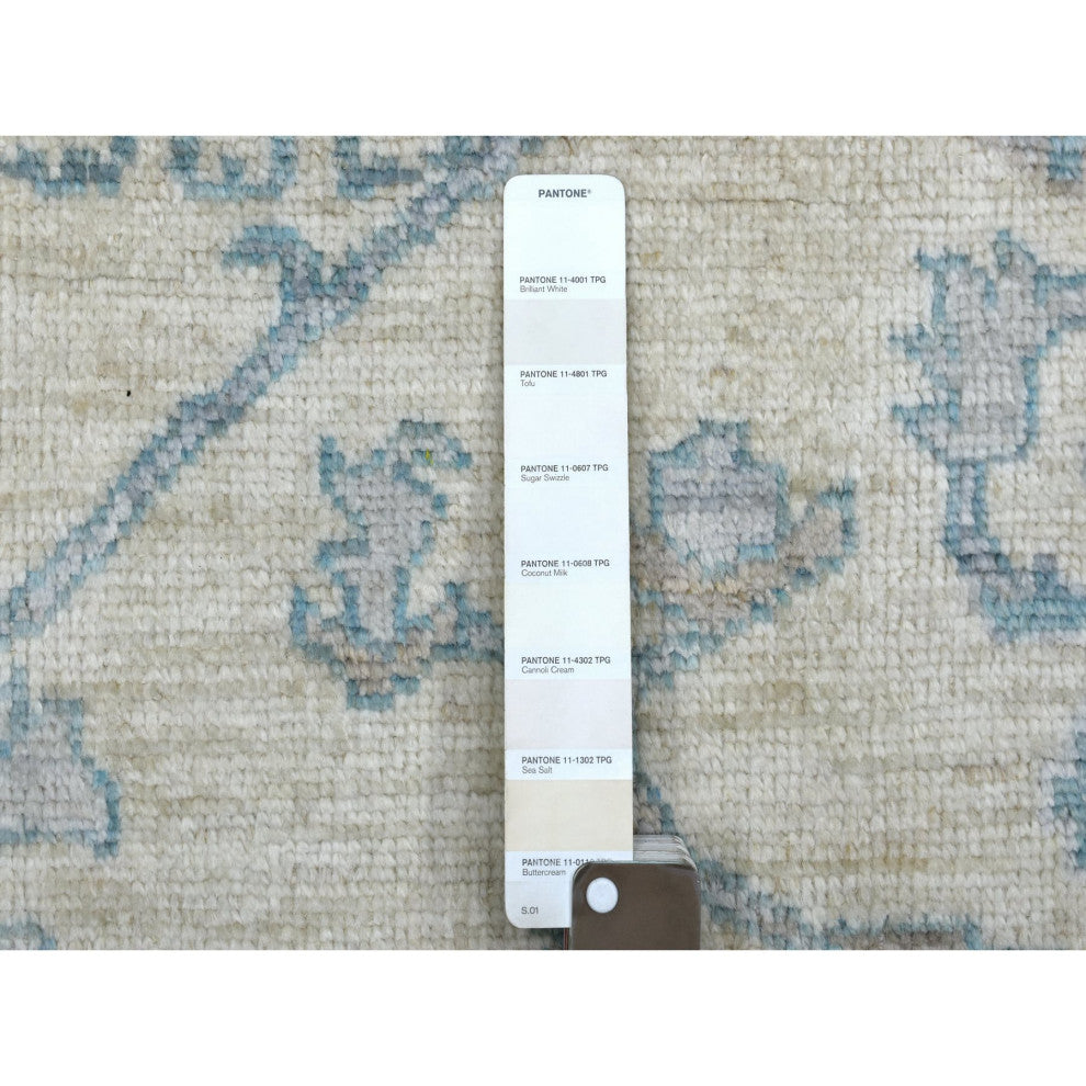 Afghan Angora Oushak Ivory-Blue Organic Wool Hand Knotted Rug, 7'10" x 10'0"