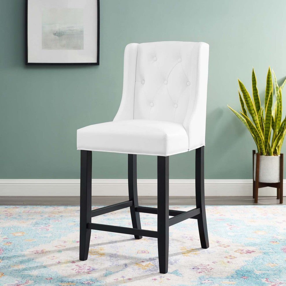 Tufted Counter Stool Chair, Faux Leather, White, Bar Pub Cafe Bistro Restaurant