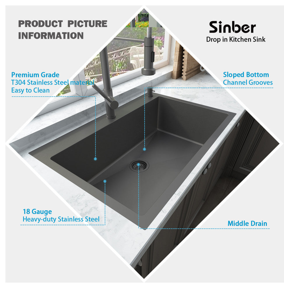 Sinber Single Bowl Kitchen Sink with 304 Stainless Steel Black Finish, 33"x22", Drop-in