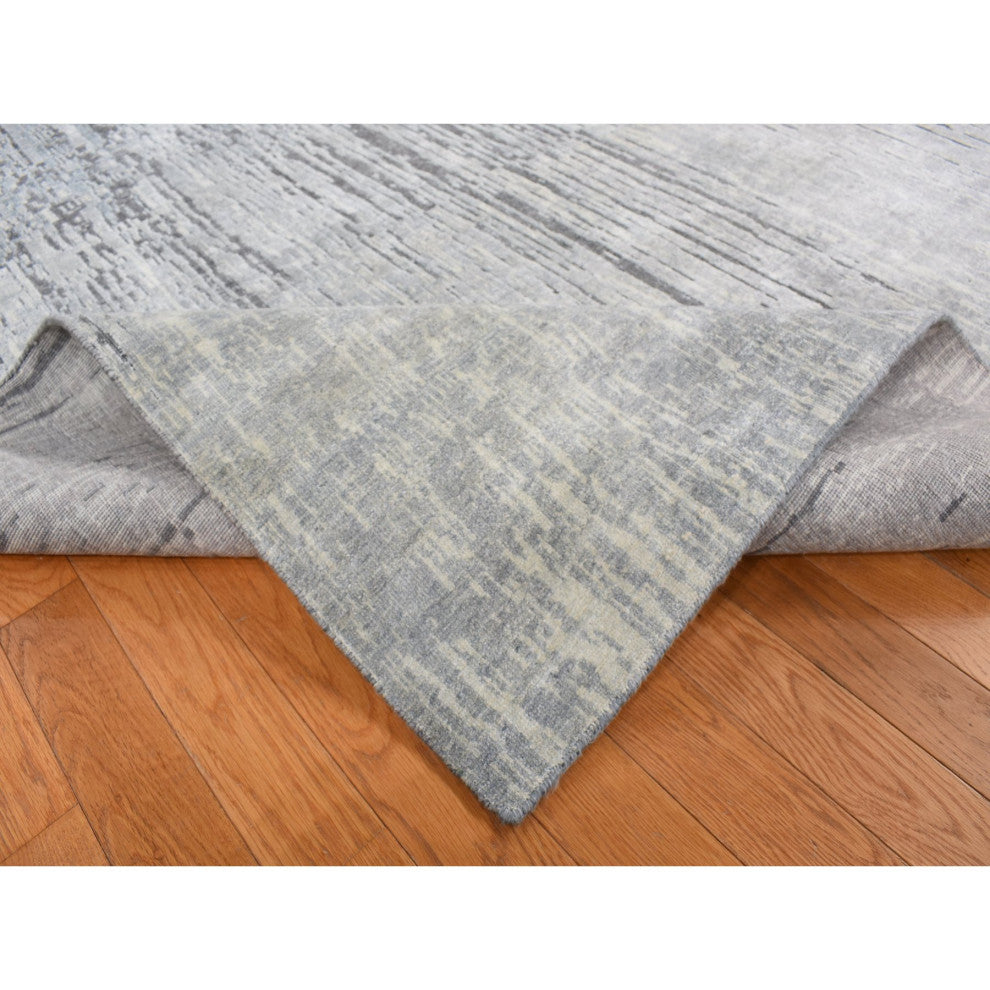 Medium Gray, Vertical Ombre Design, Pure Silk, Hand Knotted, Rug, 9'x11'10"