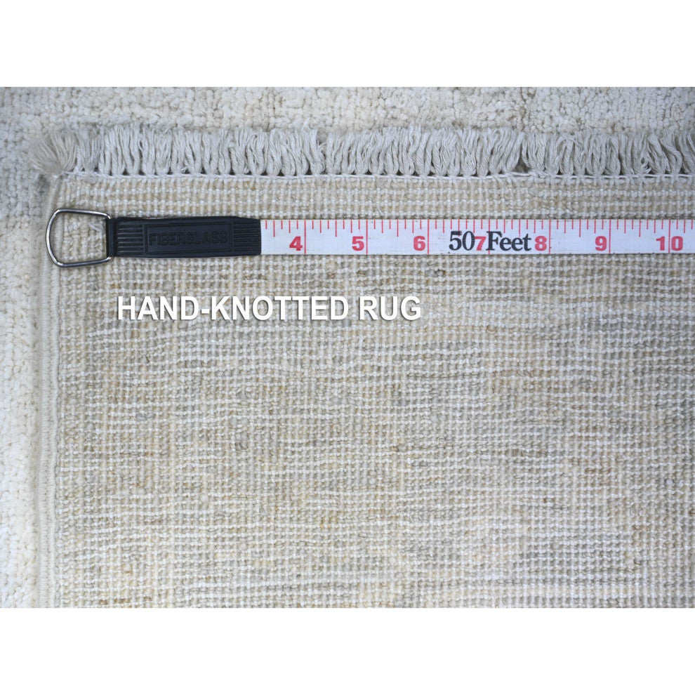Ivory Washed Out Peshawar Faded Designs Wool Hand Knotted Rug, 3'10"x5'7"
