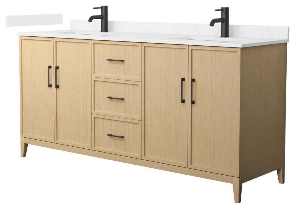 Elan 72" Double Vanity, White Oak, Carrara Cultured Marble Top, Black Trim